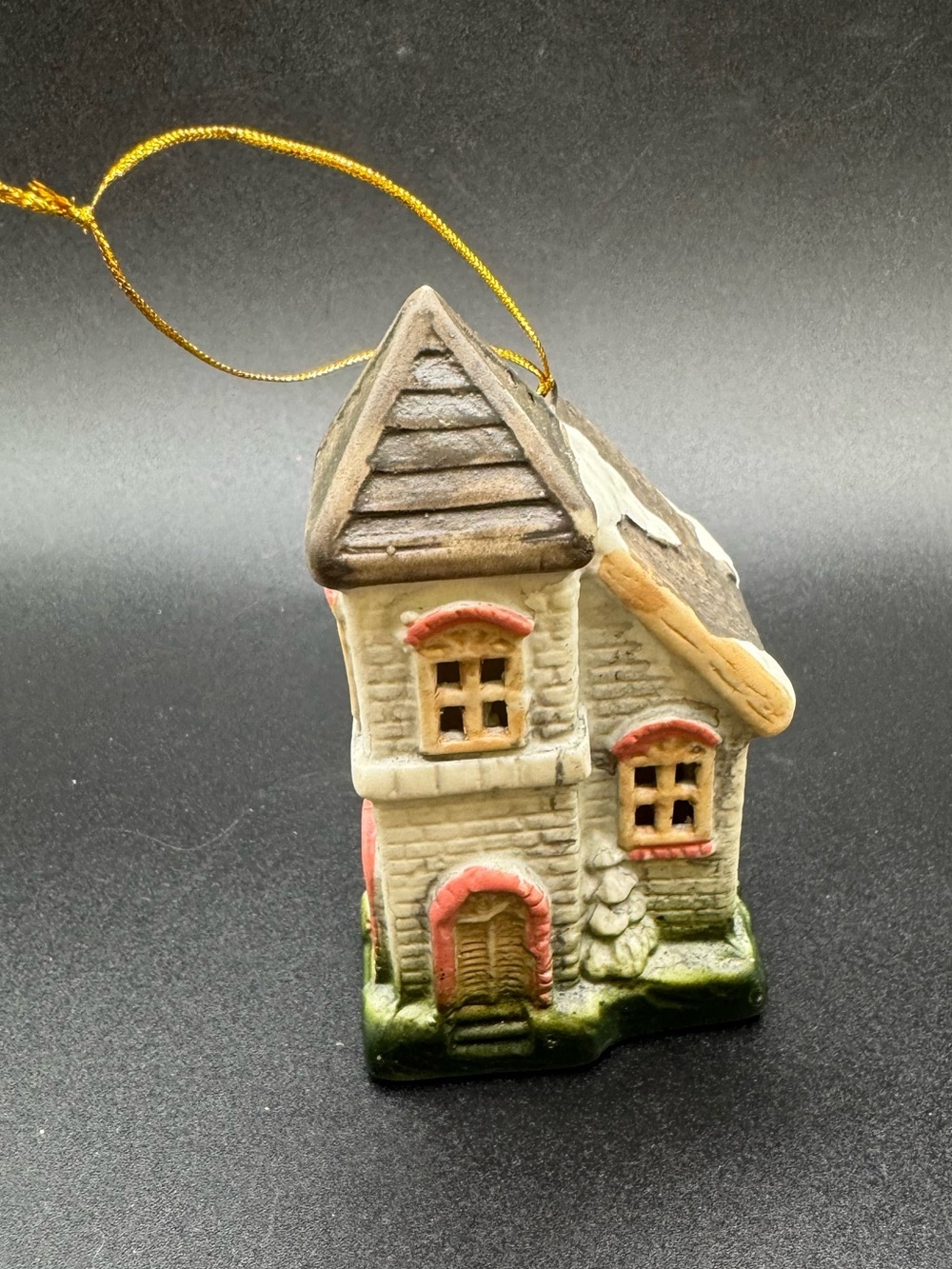 Vintage Ceramic Hand Painted Brick House Christmas Ornament 1991 White & Brown